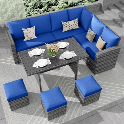 7-Piece Outdoor Wicker Sofa Set With Cushions And Glass Table, Sectional Patio Conversation Furniture For Backyard And Balcony, Grey And Blue 9 7-Piece Outdoor Wicker Sofa Set With Cushions And Glass Table, Sectional Patio Conversation Furniture For Backyard And Balcony, Grey And Blue - Image 7