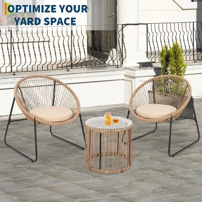 Jojoka 3 Pcs Outdoor Rattan Furniture Set With Seat Cushions, Wicker Patio Modern Lounge Bistro Set With 2 Chairs & Glass Coffee Table For Backyard 10 Jojoka 3 Pcs Outdoor Rattan Furniture Set With Seat Cushions, Wicker Patio Modern Lounge Bistro Set With 2 Chairs & Glass Coffee Table For Backyard - Image 8