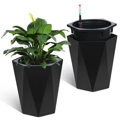 23 Inch Tall Outdoor Planters Set Of 2, Self Watering Pots For Indoor Plants With Water Level Monitor & Drainage Hole & Wheels,Black 10 23 Inch Tall Outdoor Planters Set Of 2, Self Watering Pots For Indoor Plants With Water Level Monitor & Drainage Hole & Wheels,Black - Image 8