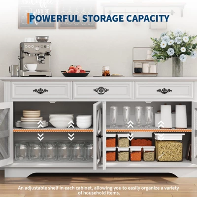 63" Buffet Cabinet, Coffee Bar Cabinet With 3 Drawers, Adjustable Shelves, Charging Station And 4 Mesh Barn Doors, Sideboard Storage Buffet Table 5 63" Buffet Cabinet, Coffee Bar Cabinet With 3 Drawers, Adjustable Shelves, Charging Station And 4 Mesh Barn Doors, Sideboard Storage Buffet Table - Image 3