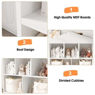 Toy Storage Organizer 5-Cubby Kids Bookshelf, White Wooden Bookcase With Roof Design, Playhouse Cabinet Shelf For Boys And Girls 6 Toy Storage Organizer 5-Cubby Kids Bookshelf, White Wooden Bookcase With Roof Design, Playhouse Cabinet Shelf For Boys And Girls - Image 4