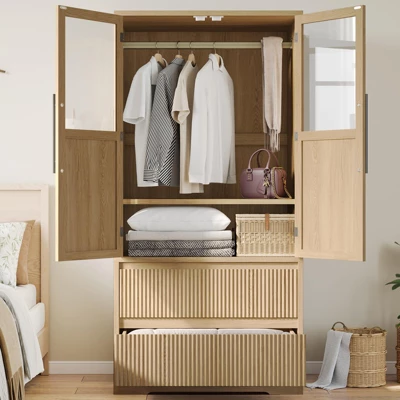 Bedroom Wooden Armoire Wardrobe Closet, Freestanding Large Wardrobe Armoire Cabinet With Glass Doors And 2 Drawers 4 Bedroom Wooden Armoire Wardrobe Closet, Freestanding Large Wardrobe Armoire Cabinet With Glass Doors And 2 Drawers - Image 2