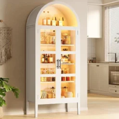70" Tall Arched Kitchen Pantry Cabinet With LED Lights,Modern Wood Arched Bookshelf With Glass Doors,White