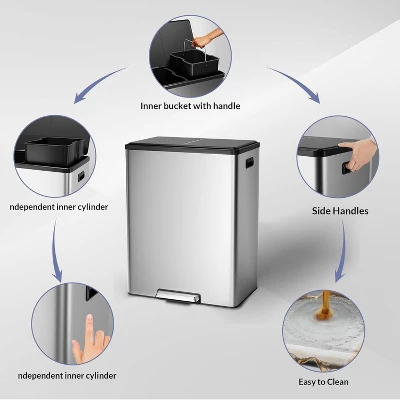 60L 16 Gallon Step Dual Trash Can With Lid, Large Stainless Steel Double Recycling Bin 8 60L 16 Gallon Step Dual Trash Can With Lid, Large Stainless Steel Double Recycling Bin - Image 6