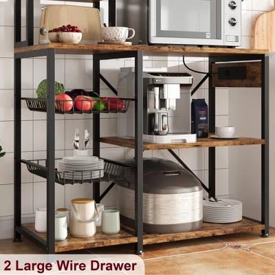 Bakers Rack With Power Outlet, Industrial Microwave Stand With 2 Wire Drawer, Large Coffee Bar Station 4 Bakers Rack With Power Outlet, Industrial Microwave Stand With 2 Wire Drawer, Large Coffee Bar Station - Image 2