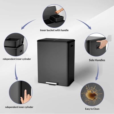 60 Liter 16 Gallon Step On Dual Compartment Trash Can, Soft Close Lid Stainless Steel, Hands Free, White For Kitchen & Home 8 60 Liter 16 Gallon Step On Dual Compartment Trash Can, Soft Close Lid Stainless Steel, Hands Free, White For Kitchen & Home - Image 6