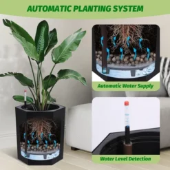 16" Tall Hexagonal Self-Watering Planters Set Of 2 With Water Level Monitor, Bottom Wheels & Drainage Hole – Indoor & Outdoor Plant Pots, Black