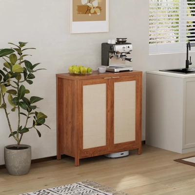 Farmhouse Kitchen Sideboard Buffet Storage Cabinet With Rattan Decorated Doors, Cupboard Console Table Wood Buffet Cabinet With Adjustable Shelves 8 Farmhouse Kitchen Sideboard Buffet Storage Cabinet With Rattan Decorated Doors, Cupboard Console Table Wood Buffet Cabinet With Adjustable Shelves - Image 6