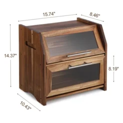 Double Layer Bread Box – Acacia Wood Bread Bin With Clear Acrylic Door & Air Vents, Rustic Countertop Bread