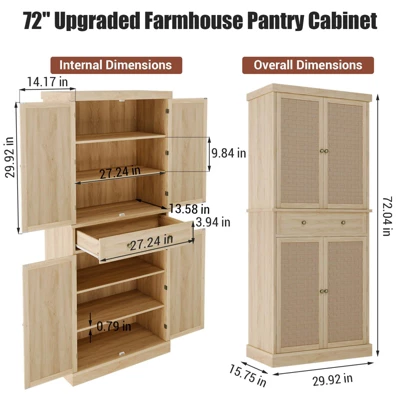 72" Tall Freestanding Pantry Cabinet, Farmhouse Wooden Storage Cupboard With 4 Doors (Barn Doors), 3 72" Tall Freestanding Pantry Cabinet, Farmhouse Wooden Storage Cupboard With 4 Doors (Barn Doors),