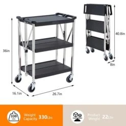Heavy Duty 3-Shelf Rolling Cart Commercial Foldable Utility Cart With Wheels 330 Lbs Capacity Collapsible Service Cart Black -House Beautiful GUEST 8f8387dc 1db1 40cf b5fa 024ab0e4933a