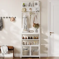 72.8" White Hall Tree With Doors, Narrow Coat Rack And Shoe Storage Organizer With 7 Hooks For Entryway, Bedroom And Mudroom -House Beautiful GUEST 8fa75b1e 277d 42e8 ab42 d0f887692203