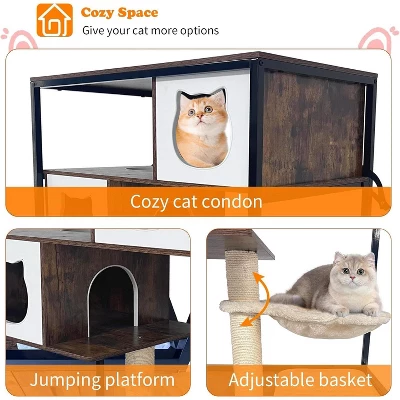 Jojoka Pet Litter Box Enclosure, Hidden Cat House Furniture With Metal Frame, Cat Tower With Storage, Barn Door, And Wheels 4 Jojoka Pet Litter Box Enclosure, Hidden Cat House Furniture With Metal Frame, Cat Tower With Storage, Barn Door, And Wheels - Image 2