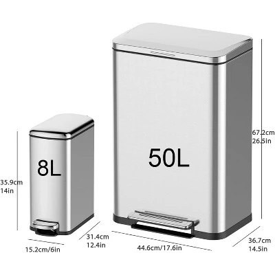 Kitchen Trash Can Set Of 2 – 50 Liter (13 Gallon) Large Kitchen Bin & 8 Liter (2 Gallon) Small Bathroom Can, Stainless Steel Step-On Trash Cans 3 Kitchen Trash Can Set Of 2 – 50 Liter (13 Gallon) Large Kitchen Bin & 8 Liter (2 Gallon) Small Bathroom Can, Stainless Steel Step-On Trash Cans