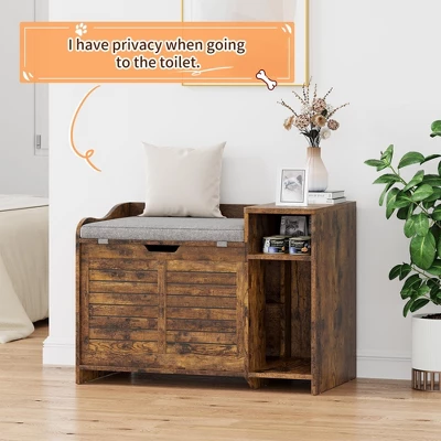 Cat Litter Box Enclosure With Top Opening & Cushion, Wooden Cat Washroom Furniture With Storage – 23" L X 19" W X 16" H, Grey 5 Cat Litter Box Enclosure With Top Opening & Cushion, Wooden Cat Washroom Furniture With Storage – 23" L X 19" W X 16" H, Grey - Image 3