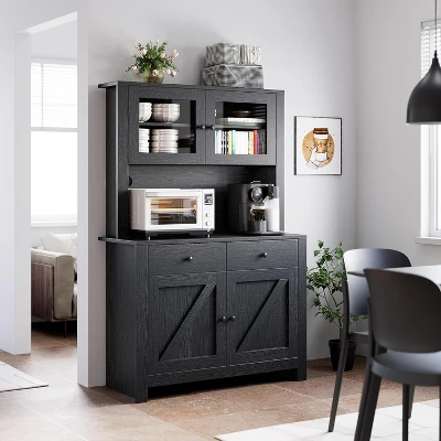 Kitchen Pantry Cabinet With Microwave Stand, Freestanding Hutch Cabinet With Buffet Cupboard & Adjustable Shelves 6 Kitchen Pantry Cabinet With Microwave Stand, Freestanding Hutch Cabinet With Buffet Cupboard & Adjustable Shelves - Image 4