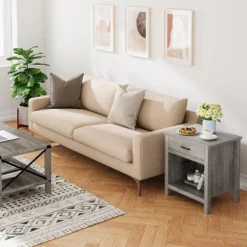 Farmhouse Nightstand, Rustic End Side Table With Drawer And Storage Shelf, Gray Night Stand Bedside Table For Bedroom, Living Room, Small Spaces -House Beautiful GUEST 91e83ec2 7de8 4291 835b 00951da20bad