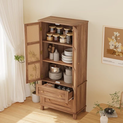 Kitchen Pantry Storage Cabinet, Kitchen Storage Cabinets With Rattan Doors And 2 Drawers, Pantry Cabinet With Adjustable Shelf 5 Kitchen Pantry Storage Cabinet, Kitchen Storage Cabinets With Rattan Doors And 2 Drawers, Pantry Cabinet With Adjustable Shelf - Image 3