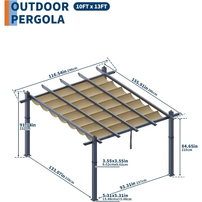 10x13ft Aluminum Pergola With Adjustable UV Waterproof Canopy Rust Resistant Frame Gray Curtains Easy Assembly 4 10x13ft Aluminum Pergola With Adjustable UV Waterproof Canopy Rust Resistant Frame Gray Curtains Easy Assembly - Image 2