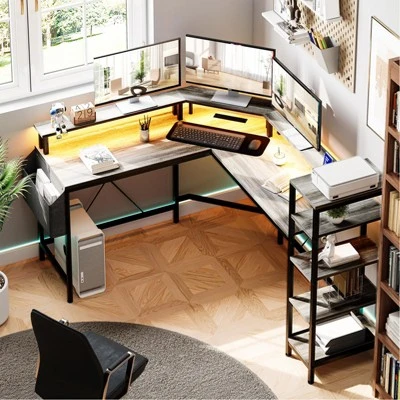 61 Inch L-Shaped Gaming Desk, Ergonomic Computer Desk, With 5-Tier Shelves, LED, Power Outlet & Storage Bag 3 61 Inch L-Shaped Gaming Desk, Ergonomic Computer Desk, With 5-Tier Shelves, LED, Power Outlet & Storage Bag