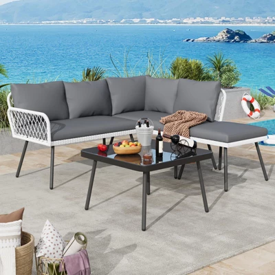 4 Piece Patio Sofa Set With Loveseat, Two Wicker Chairs And Glass Coffee Table, Outdoor Furniture Set For Balcony And Garden 5 4 Piece Patio Sofa Set With Loveseat, Two Wicker Chairs And Glass Coffee Table, Outdoor Furniture Set For Balcony And Garden - Image 3