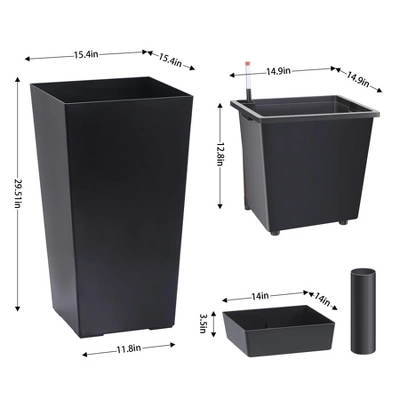 30" Tall Rectangular Planters Set Of 2 – Large Modern Plant Pots With Drainage Holes, Water Level Monitor & Wheels, Black 5 30" Tall Rectangular Planters Set Of 2 – Large Modern Plant Pots With Drainage Holes, Water Level Monitor & Wheels, Black - Image 3