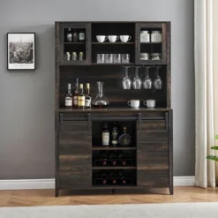 70" Farmhouse Coffee Bar Wine Cabinet With Sliding Barn Doors And Storage, Tall Kitchen Hutch With Wine & Glasses Rack 20 70" Farmhouse Coffee Bar Wine Cabinet With Sliding Barn Doors And Storage, Tall Kitchen Hutch With Wine & Glasses Rack -House Beautiful GUEST 93c42fe7 470f 4816 b3ee c857ac688a19