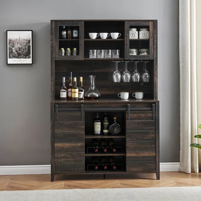 70" Farmhouse Coffee Bar Wine Cabinet With Sliding Barn Doors And Storage, Tall Kitchen Hutch With Wine & Glasses Rack 11 70" Farmhouse Coffee Bar Wine Cabinet With Sliding Barn Doors And Storage, Tall Kitchen Hutch With Wine & Glasses Rack - Image 9