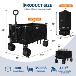 Collapsible Wagon Cart With Wheels, Foldable Utility Heavy Duty Wagon For Camping, All Terrain Beach Cart With Cup Holders