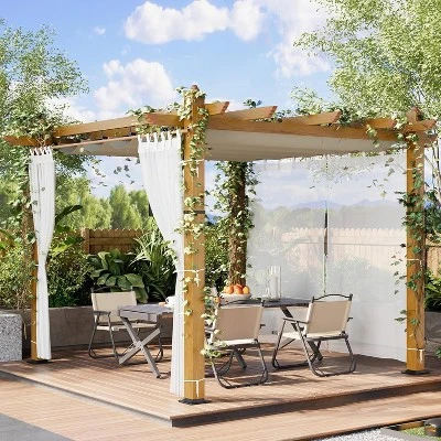 10x10ft Wood Grain Aluminum Pergola, Beige UV Block Canopy, Mesh Net, Rustproof Frame, Fast Assembly, Off-White Curtains 9 10x10ft Wood Grain Aluminum Pergola, Beige UV Block Canopy, Mesh Net, Rustproof Frame, Fast Assembly, Off-White Curtains - Image 7