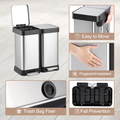 13 Gallon Dual Trash & Recycling Bin - Fingerprint Proof Stainless Steel, Double Lid, Hands-Free Step, Space-Saving Design 8 13 Gallon Dual Trash & Recycling Bin - Fingerprint Proof Stainless Steel, Double Lid, Hands-Free Step, Space-Saving Design - Image 6