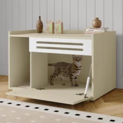 Modern Hidden Cat Litter Cabinet Furniture - Flip-Down Opening Enclosure W/Ventilation, Dog-Proof Design & End Table Function -House Beautiful GUEST 959b041b 3a31 4f46 93ea 8f2f79854842