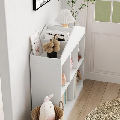 Toy Storage Organizer 5-Cubby Kids Bookshelf, White Wooden Bookcase With Roof Design, Playhouse Cabinet Shelf For Boys And Girls 4 Toy Storage Organizer 5-Cubby Kids Bookshelf, White Wooden Bookcase With Roof Design, Playhouse Cabinet Shelf For Boys And Girls - Image 2