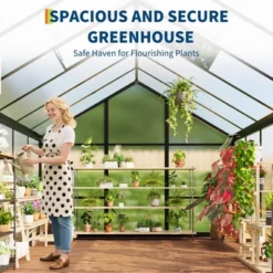8x10 FT Aluminum Large Walk-in Green House Polycarbonate Greenhouse With Roof Vent Ground Nails Lockable Push Door
