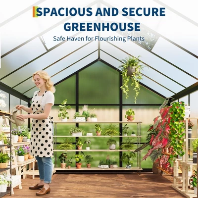 8x10 FT Aluminum Large Walk-in Green House Polycarbonate Greenhouse With Roof Vent Ground Nails Lockable Push Door 3 8x10 FT Aluminum Large Walk-in Green House Polycarbonate Greenhouse With Roof Vent Ground Nails Lockable Push Door