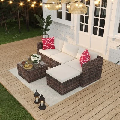 5 Piece Outdoor Patio Sofa Set With Glass Coffee Table, PE Wicker Conversation Furniture For Garden, Backyard, Poolside 4 5 Piece Outdoor Patio Sofa Set With Glass Coffee Table, PE Wicker Conversation Furniture For Garden, Backyard, Poolside - Image 2