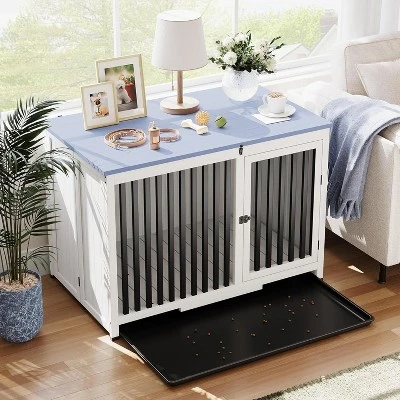 39.5in Portable Foldable Dog Kennel Crate Furniture End Table,Indoor Cage With Tray And Iron Door-Frame For Large/Medium Dog 4 39.5in Portable Foldable Dog Kennel Crate Furniture End Table,Indoor Cage With Tray And Iron Door-Frame For Large/Medium Dog - Image 2