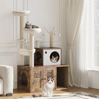Litter Box Enclosure With Cat Tree Tower And Condo,Hidden Pet Washroom Furniture With Sisal Scratching Post 9 Litter Box Enclosure With Cat Tree Tower And Condo,Hidden Pet Washroom Furniture With Sisal Scratching Post - Image 7