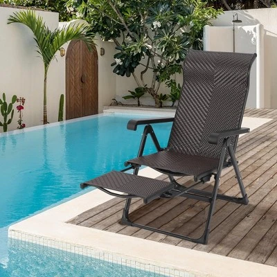 Outdoor Folding Rattan Lounge Chair, Adjustable Recliner Chair With High Backrest And Reversible Footrest, Portable For Patio Garden Pool, Brown 4 Outdoor Folding Rattan Lounge Chair, Adjustable Recliner Chair With High Backrest And Reversible Footrest, Portable For Patio Garden Pool, Brown - Image 2