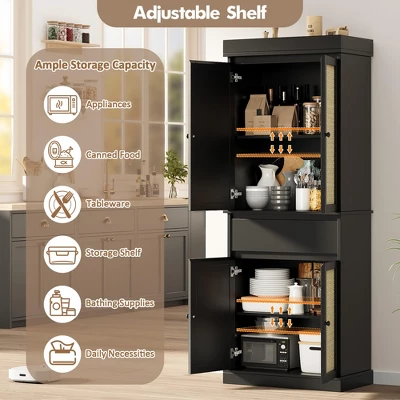 Kitchen Pantry Cabinet, Tall Storage Cabinet With Rattan Doors And Adjustable Shelves, Freestanding Cupboard With Drawer For Bathroom, (Black) 5 Kitchen Pantry Cabinet, Tall Storage Cabinet With Rattan Doors And Adjustable Shelves, Freestanding Cupboard With Drawer For Bathroom, (Black) - Image 3