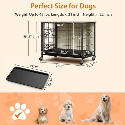 Dog Crate Furniture For Medium Dogs, 32.5" L X 21.9" W X 25.2" H Indoor Kennel With Double Doors, Wheels & Removable Tray 5 Dog Crate Furniture For Medium Dogs, 32.5" L X 21.9" W X 25.2" H Indoor Kennel With Double Doors, Wheels & Removable Tray - Image 3