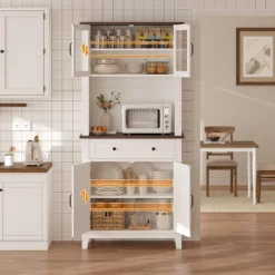 72" Pantry Cabinet With Storage Drawers,Tall Kitchen Pantry Storage Cabinet With 2 Glass Doors