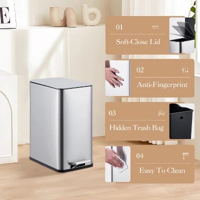 Slim Stainless Steel Step Trash Can, Soft Close Lid, Removable Inner Bucket, Narrow Garbage Bin For Bathroom, Kitchen, Office 4 Slim Stainless Steel Step Trash Can, Soft Close Lid, Removable Inner Bucket, Narrow Garbage Bin For Bathroom, Kitchen, Office - Image 2
