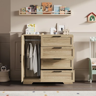 43.3" H Armoire Wardrobe Closet With 4 Drawers & Hanging Rod, Multifunctional Wood Storage Cabinet, Freestanding Dresser For Bedroom 9 43.3" H Armoire Wardrobe Closet With 4 Drawers & Hanging Rod, Multifunctional Wood Storage Cabinet, Freestanding Dresser For Bedroom - Image 7