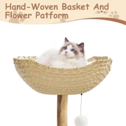 Modern Cat Tree Tower 46-Inch - Solid Wood & Rattan, Cat Tree For Large Cat, Stable Wide Base, Multifunctional Cozy Plush Cat Perches