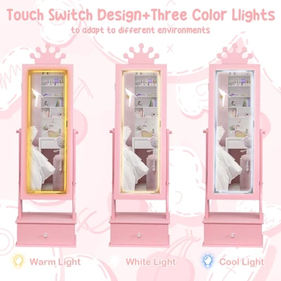 Kids Jewelry Armoire Cabinet With Full-Length Mirror, 46" Jewelry Armoire With Led Light, Jewelry Organizer With 3 Storage Drawers 6 Kids Jewelry Armoire Cabinet With Full-Length Mirror, 46" Jewelry Armoire With Led Light, Jewelry Organizer With 3 Storage Drawers - Image 4
