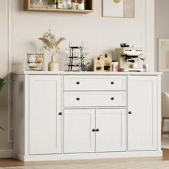 Farmhouse 58" Sideboard Buffet Cabinet With 2 Drawers And 4 Grooved Barn Doors, Wood Coffee Bar Buffet Table For Kitchen -House Beautiful GUEST 9da3a7de 6ccf 4562 be88 c268fd600e3e