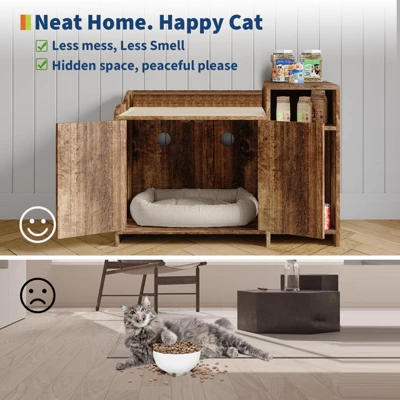 Modern Cat Litter Box Enclosure Furniture - Hidden Cabinet W/Storage, Dog-Proof Design & Double Doors, 33.9" Wooden End Table/Washroom 4 Modern Cat Litter Box Enclosure Furniture - Hidden Cabinet W/Storage, Dog-Proof Design & Double Doors, 33.9" Wooden End Table/Washroom - Image 2