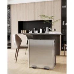 2x8 Gallon (30L) Stainless Steel Dual Compartment Trash Can, Step On Pedal, Soft Close Lid, Brushed Finish, Silver For Kitchen Recycling