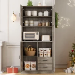 Pantry Cabinet With 2 Drawers And Open Shelves, Tall Freestanding Kitchen Hutch With Microwave Shelf For Dining Room, Living Room